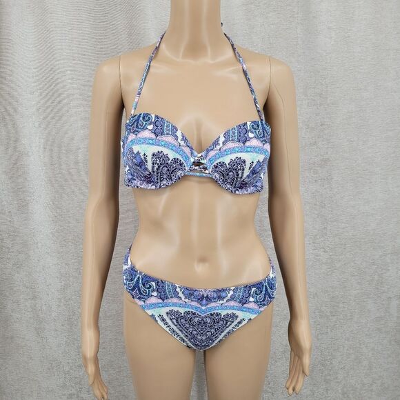 Victoria's Secret The Bandeau Beach Top Knockout Bikini Bottoms Set Blue Paisley - Picture 1 of 10